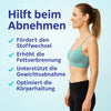 Junge Frau in Sportbekleidung steht seitlich, daneben Text: Hilft beim Abnehmen – fördert den Stoffwechsel, erhöht die Fettverbrennung, unterstützt die Gewichtsabnahme, optimiert die Körperhaltung.